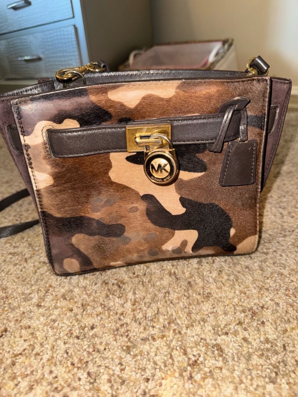 Michael Kors Brown Camo Haircalf Crossbody with Gold Hardware